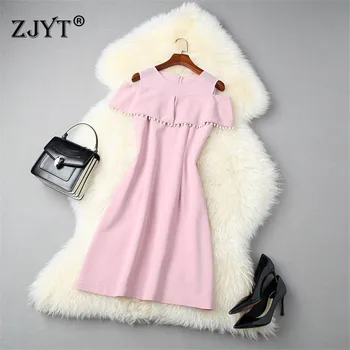 

Runway Fashion Summer Dress Women 2020 New Designer Off The Shoulder Pearls Flounce Solid Sweet Pink Dress Mini Party Vestidos