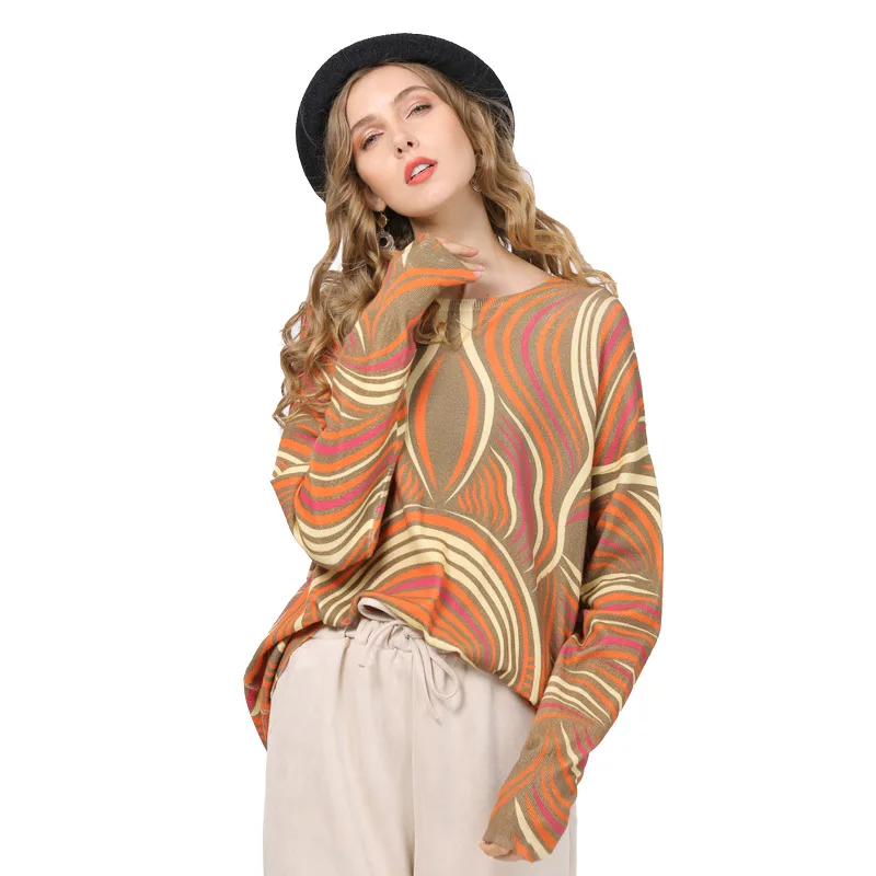 Women Sweaters Autumn Spring Striped Printing Loose Plus Size Pullover Knitted Tops Casual Outerwear Pull Femme TA6322 |