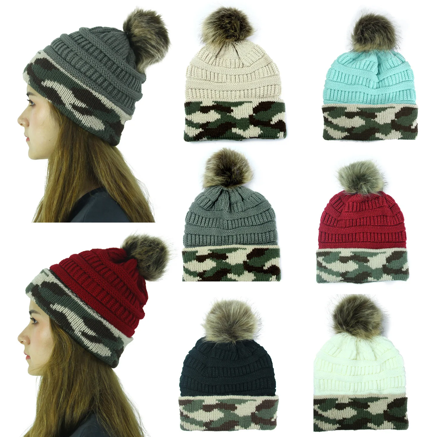 

2019 Fashion Woman Winter Warm Hat Knit Thick Camouflage Stitching Hat Cashmere Beanies Unisex Accessories Cap