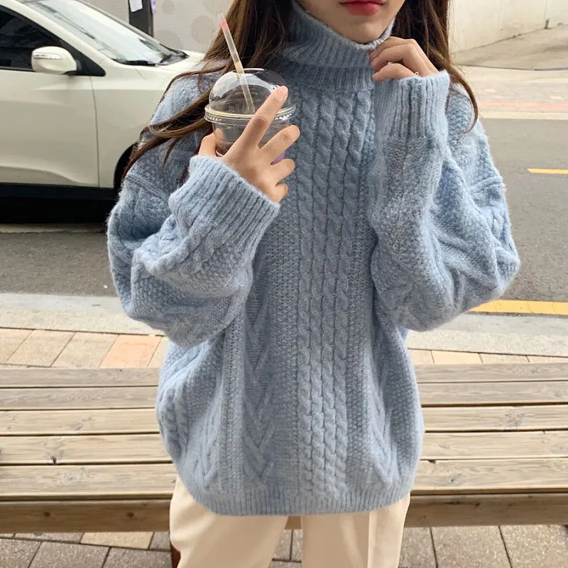 

Blue Turtleneck Tricot Pullover loose Sweater Women Korean style chic Fall 2020 Casual Lazy Oaf Retro Twist High Neck Pull Femme
