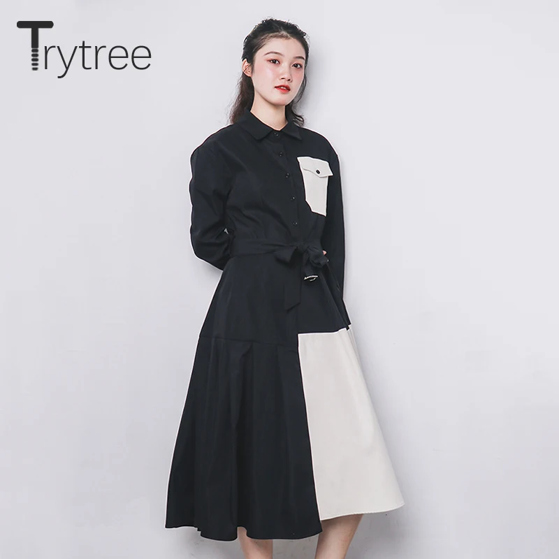Trytree осенне-зимнее женское Повседневное платье с отложным воротником, поясом и карманами, пэчворк, а-силуэт, абрикосовый подол, офисное женское платье-рубашка