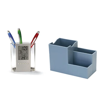 

HOT-2 Pcs Multifunction Desk Calendar / Pencil Box Office and School Desktop Pen Holders, Gray-Transparent & Blue