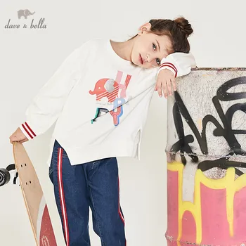 

DBK12229 dave bella spring 5Y-13Y kids clothes children fashion letter striped cartoon T-shirt girls high quality fashion tees
