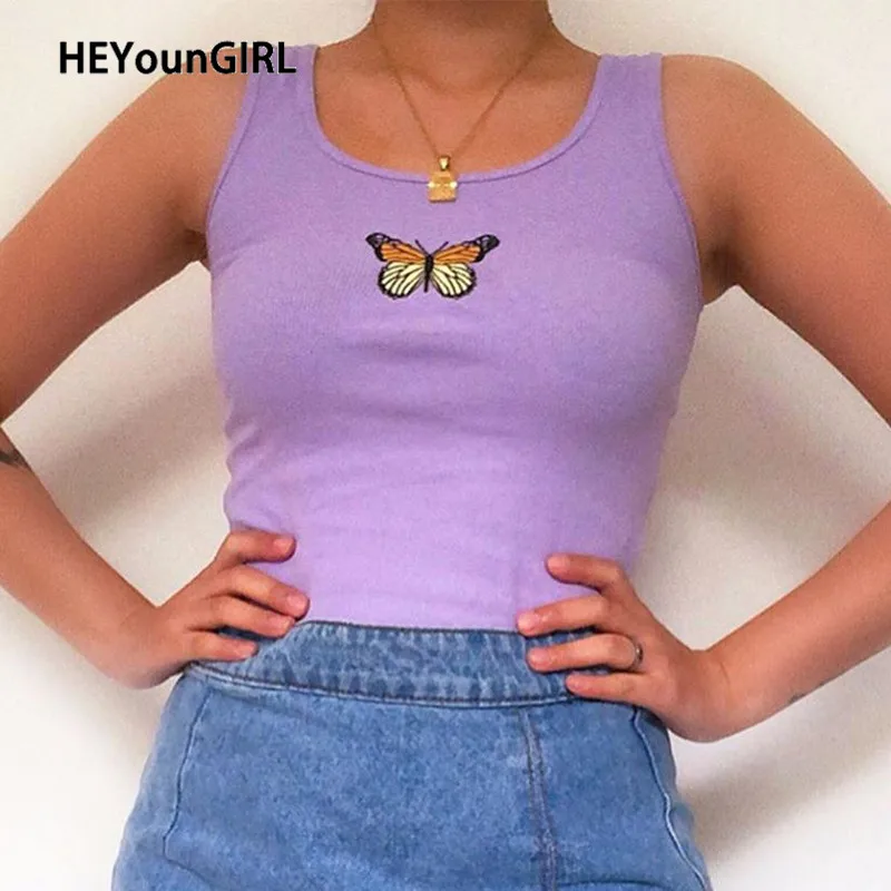 Кроп топ HEYounGIRL с вышивкой милая футболка без рукавов Повседневный Белый Модный