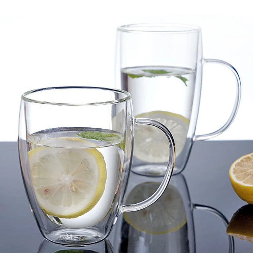 Portable 250/350/450ml Clear Glass Water Cup Coffee Mug Double Wall Insulated Handle Drinking Glass Cup Drinkware Drinking Mugs