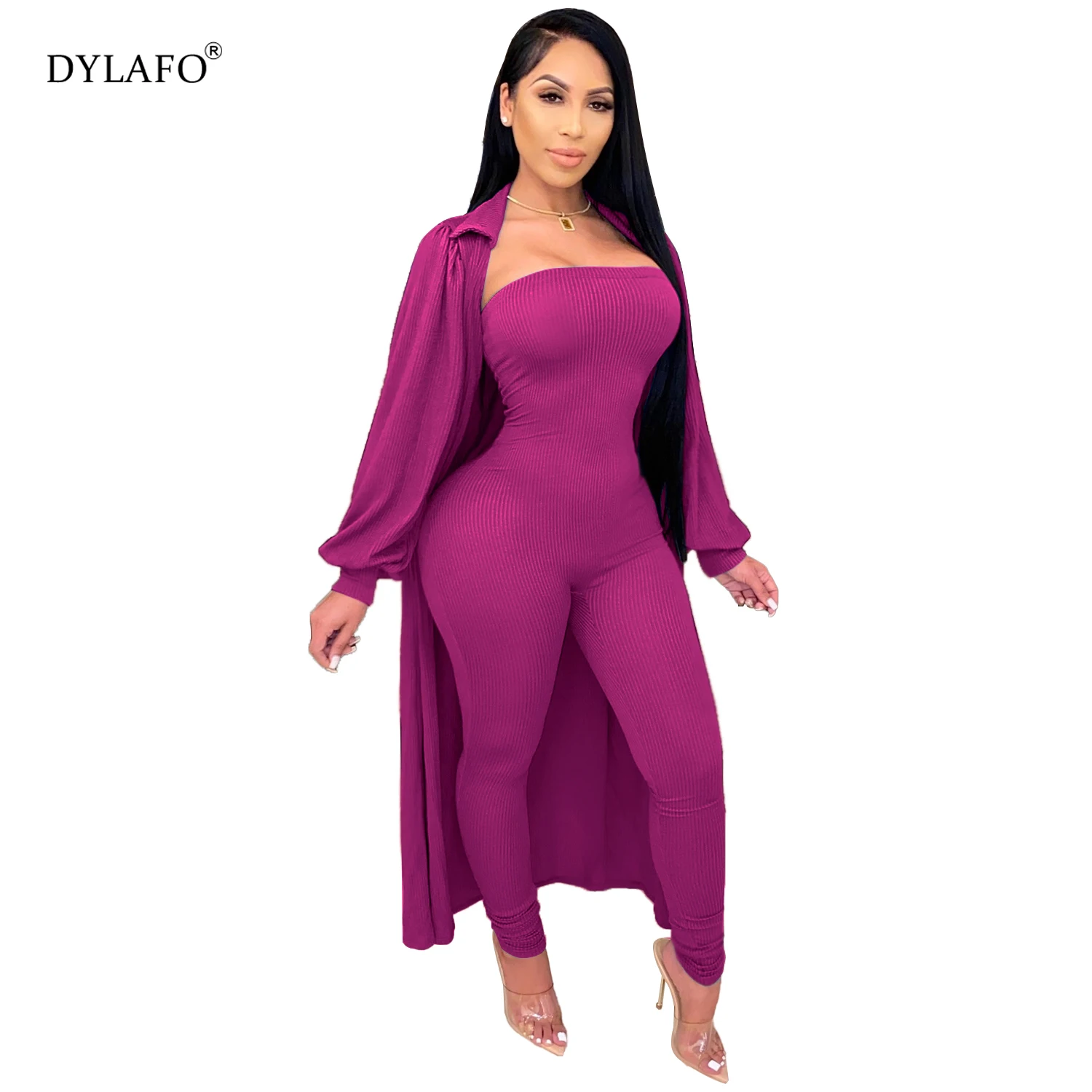 2 piece set Women Fine pit strip fabric Long Sleeve Cardigan Coat Skinny Jumpsuit Rompers 2 Piece Set For Female Women's Suits