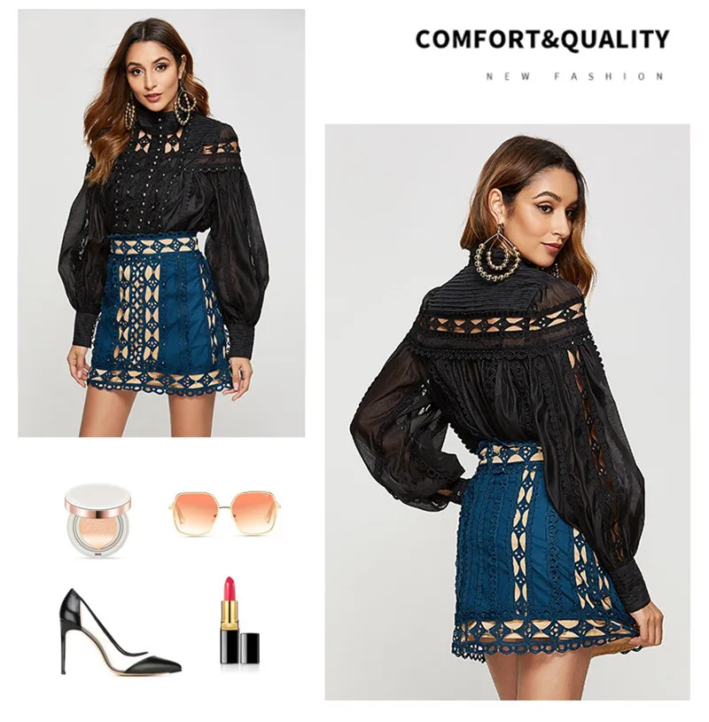 High Street женские блузки рубашки с бисером с длинным рукавом Кружева органзы лоскутное топы для женщин блуза выдалбливают Сексуальная рубашка