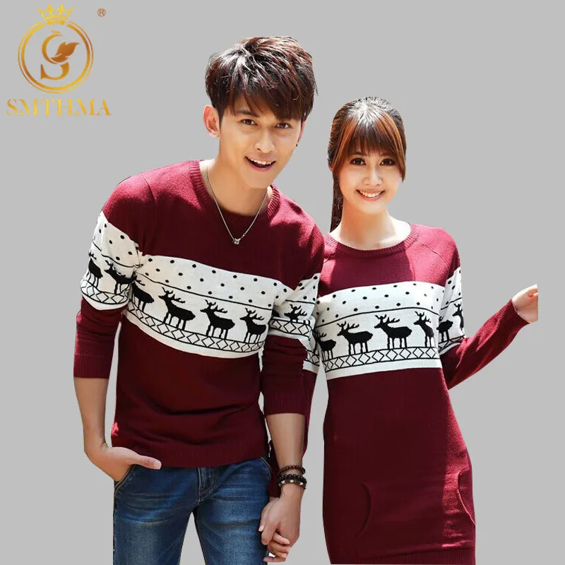 SMTHMA 2021 New Winter Runway Men's /Women Long Sleeve Wine Red Pullovers Matching Deer Couple Christmas Year Sweaters | Женская