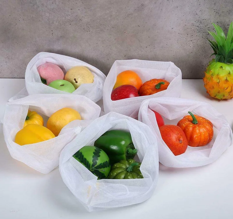 5 шт. сумка для овощей многоразовая Сетчатая Сумка для продуктов экологически чистые сумки для хранения фруктов, овощей, кухонный Органайзер с Кулиской