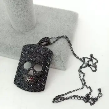 

30x50mm gunmetal golden plated Cz micro Skull head pendant & chain necklace
