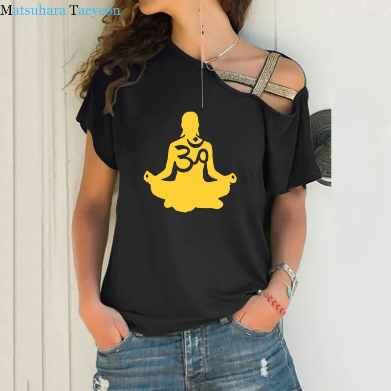 

womens Short sleeve Om Aum Silhouette print T-shirt Summer Fashion T-Shirt women's clothing Sexy Irregular Skew Cross Bandage