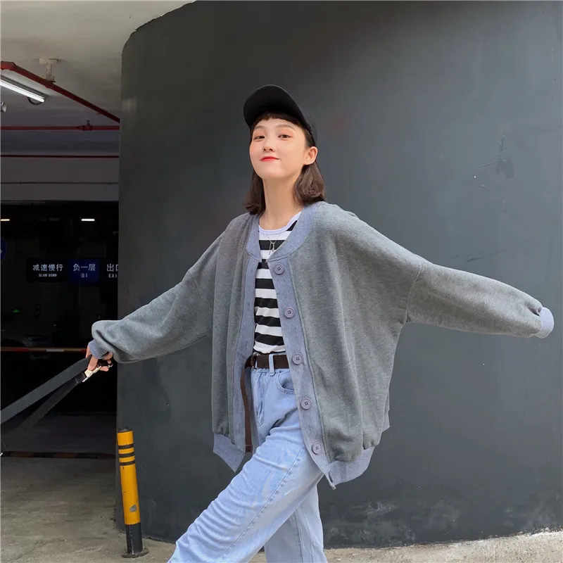 Solid Color Cardigan Long Sleeve Woolen Jacket Women's Autumn New Style Korean-style Loose Casual Students Baseball Top
