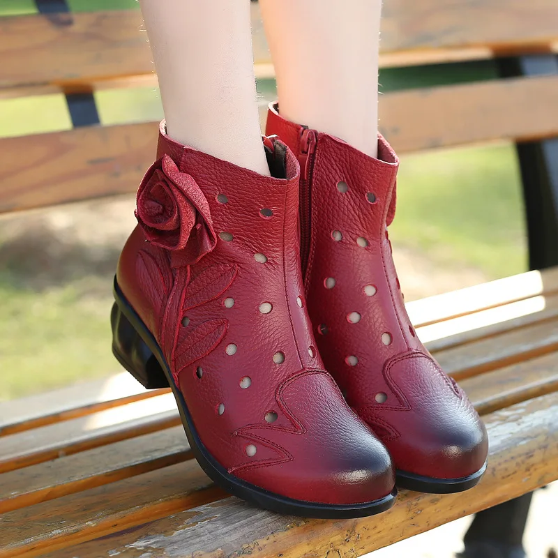 

2019 Spring And Summer New Style Ethnic-Style WOMEN'S Boot Chunky-Heel Semi-high Heeled Flower Porous Model Mom Sandal Boots