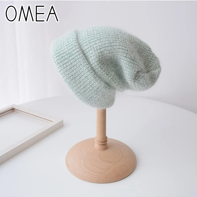 OMEA, одноцветная шапочка вязаная из ангорской кроличьей шерсти, женская зимняя шапка, модная весенняя теплая шапка