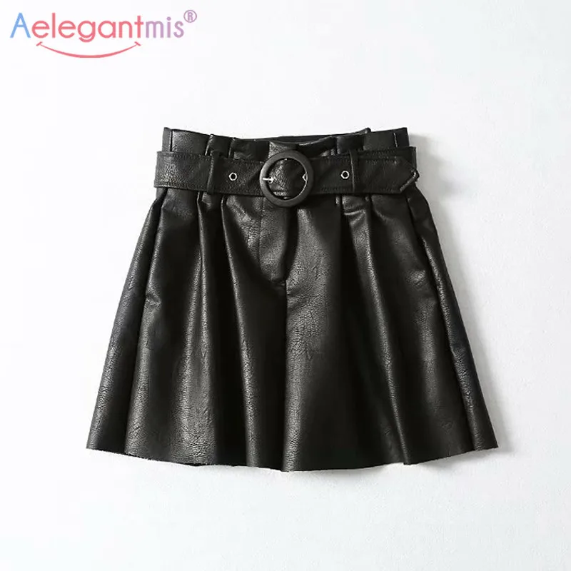 Aelegantmis Spring Casual Leather Skirt Women Harajuku Sashes A-Line Pencil High Waist Feamle | Женская одежда