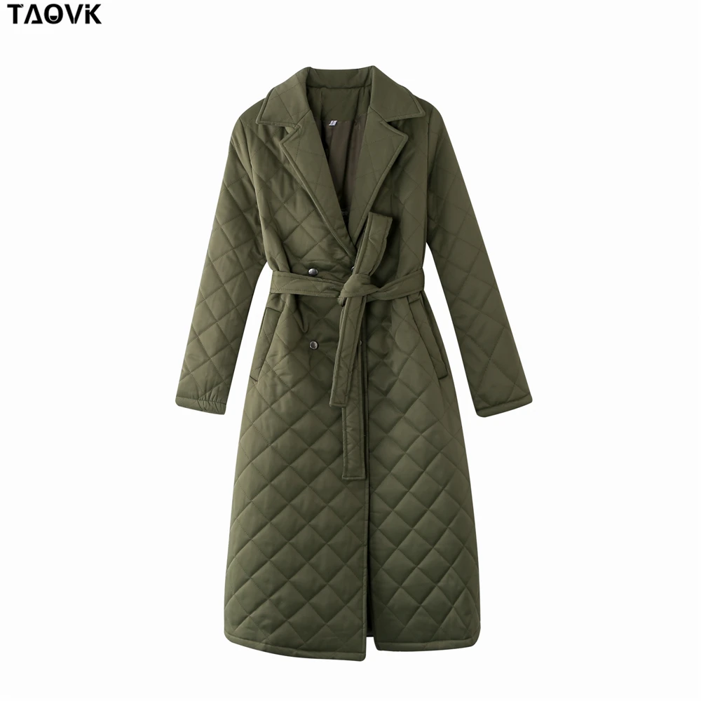 TAOVK Long straight winter coat with rhombus pattern Casual sashes women parkas Deep pockets tailored collar stylish outerwear
