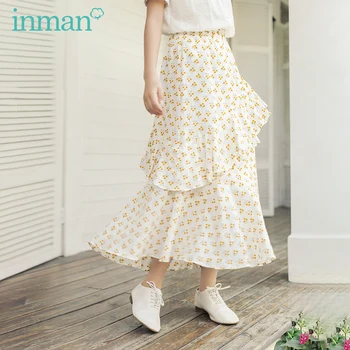 

INMAN 2020 Summer New Arrival Sweet Style Artsy High Waist A Line Irregular Floral Pattern Layered Skirt