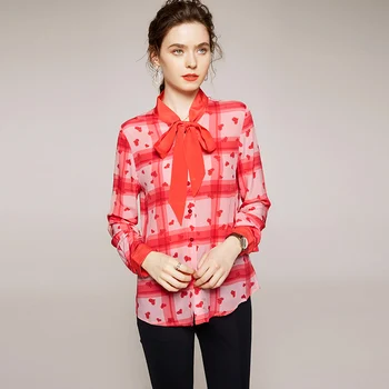 

100% Silk Women's Shirt Bow Collar Long Sleeves Printed Fashion Casual Blouse Shirt