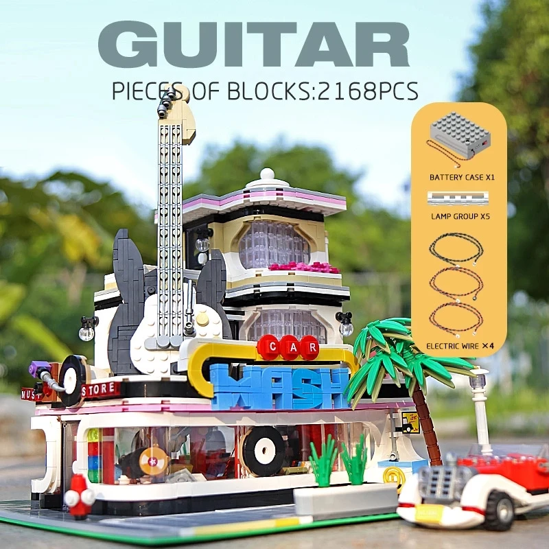 

MOULD KING 16002 Model The MOC Guitar Shop With Led Light Set Building Blocks Bricks Kids Toys Christmas Gift