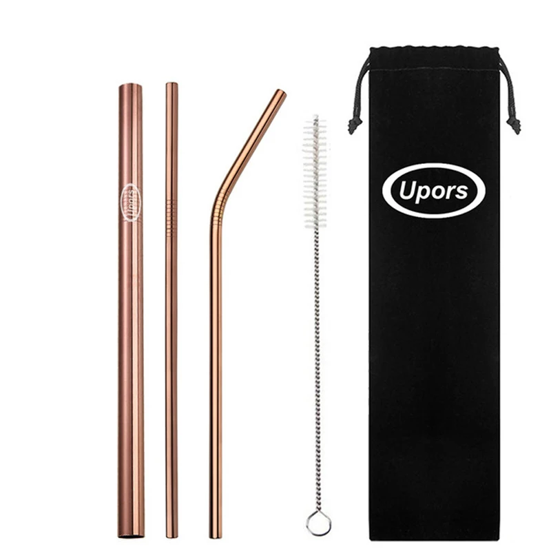Rose Gold UPORS 5 шт./компл. Нержавеющая сталь соломы 215 мм многоразовые питьевые Соломки с щеточка для чистки и Сумочка металлическая соломинка для пивная кружка для инструмента - Цвет: Rose Gold