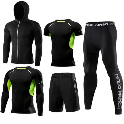 Fitness suit men's basketball tights training suit running gym fast dry spring and autumn five-piece set - Цвет: Хаки