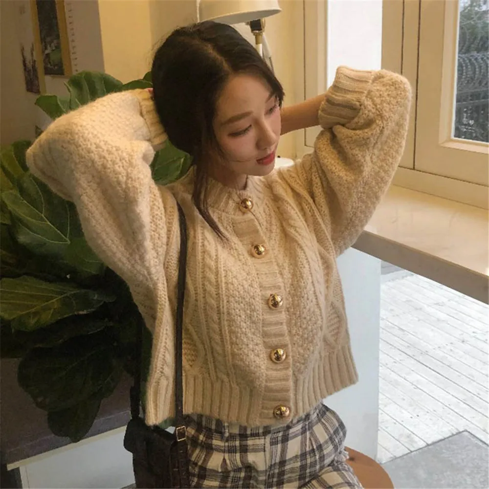 Korea Vintage Elegant New Design Autumn Twist Sweet Women Short Sweaters All Match Brief Loose Cardigans Coats PZ2724