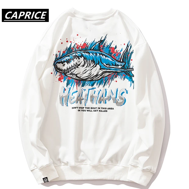 Толстовка хип хоп с забавным принтом акулы Мужской пуловер свободный стиль