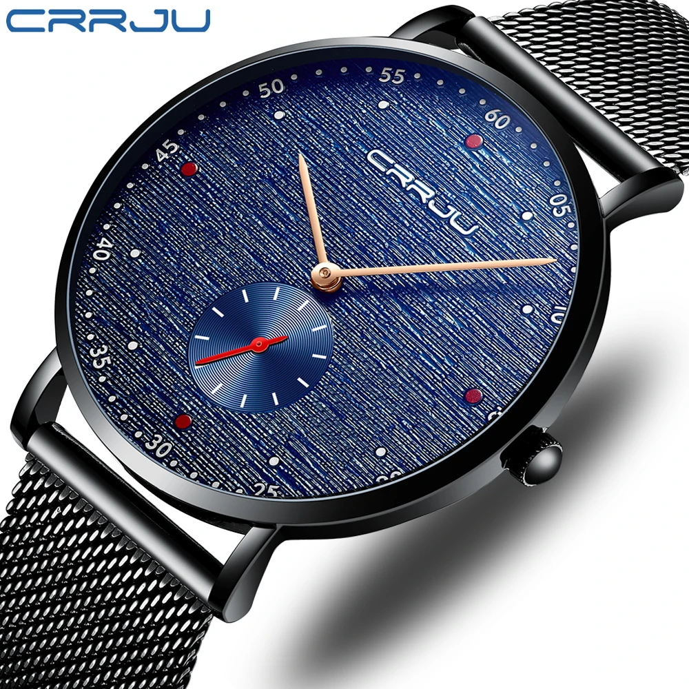 

2019 New CRRJU Blue Fashion Slim Mesh Belt Quartz Watch Mens Watches Top Brand Luxury Waterproof Sport Clock Relogio Masculino