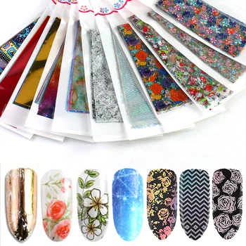 

10pcs Colorful Flowers Stickers 20*4cm On Nails Foil Transfer Starry Sky Summer Sliders For Manicure Nail Art Decals Decoration