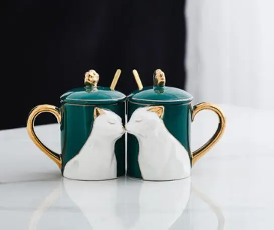 cup spoon cover Изысканный Кот Любовь Сердце Пара керамических кружек классический темно-зеленый Рождественская идея Подарочная чашка - Цвет: cup spoon cover