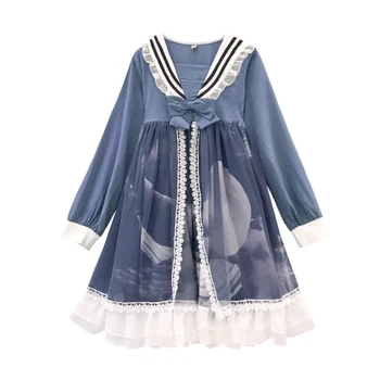 

Japanese Cute Black Lolita Long Sleeve Dress Women Teen Girl Sailor Navy Collar Kawaii Lace Bandage Princess Fairy Mesh Dresses