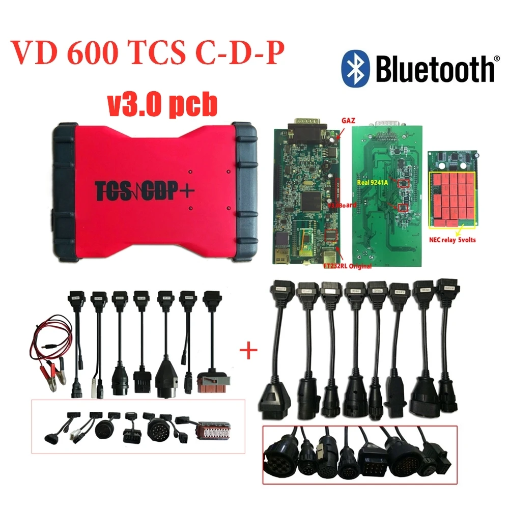 Высококачественный VD600 TCS C-D-P pro plus v3.0 pcb vci с bluetooth obd obd2 инструмент для диагностического сканирования автомобиля+ 8 шт. автомобиля/грузовика кабели - Цвет: with bluetooth