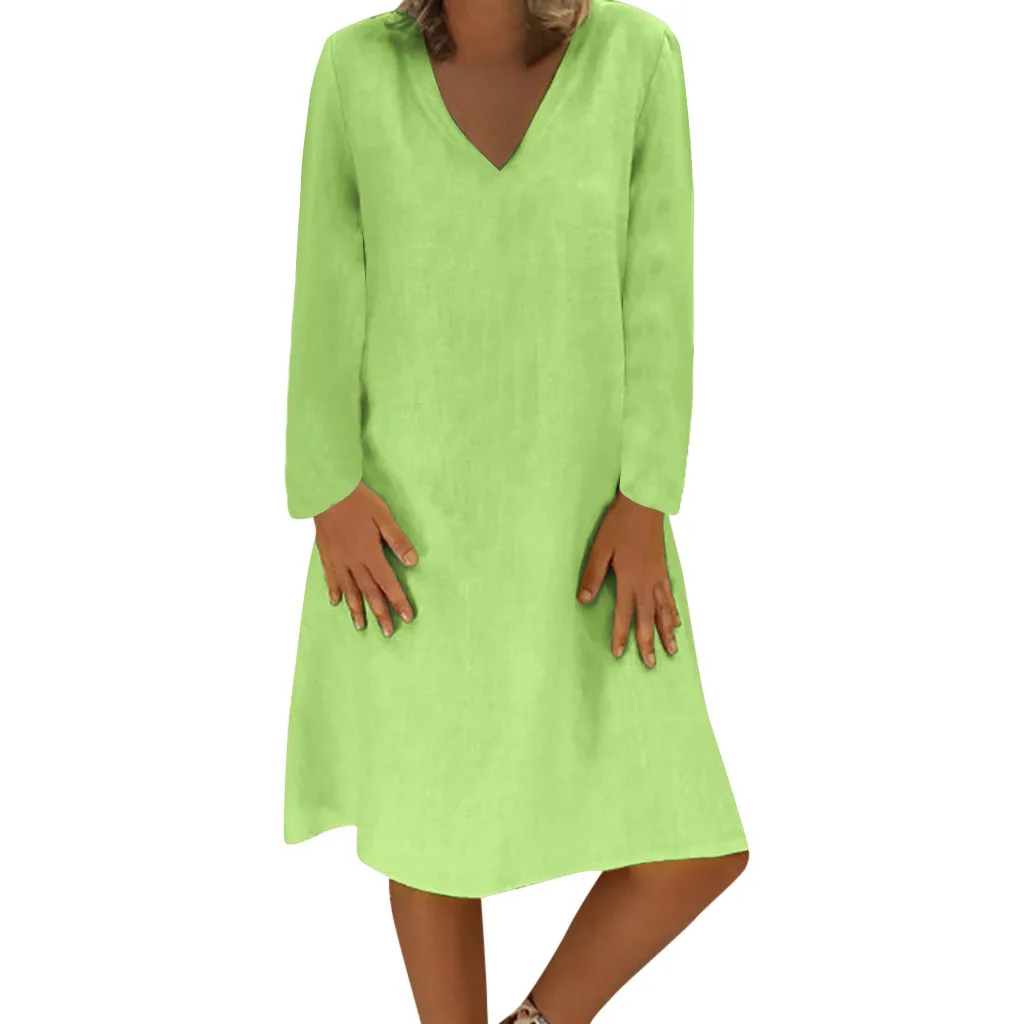 Mint Green SAGACE женское свободное однотонное платье большого размера с длинным рукавом из хлопка и льна до колена модное осеннее сексуальное платье с v-образным вырезом 4 августа - Цвет: Mint Green