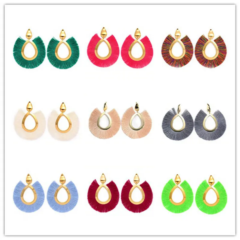 

Bright Moon Women's Colorful Bohemian Thread Tassel Drop Hoop Oval gold Dangling Earrings Jewelry for Women