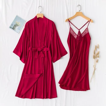 

2 piece silk dress sexy ladies clothes black 2020 Lace autumn pajamas women sets Elasticated waist sling Leisure wear Wave point