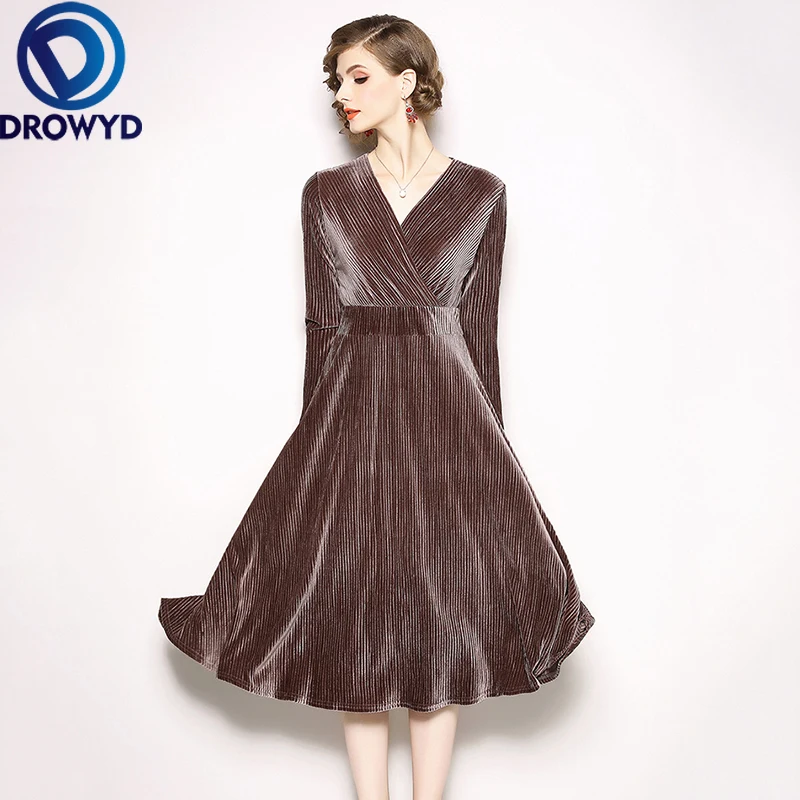 Винтажное Золотое бархатное Макси-платье для женщин Осеннее богемное тонкое