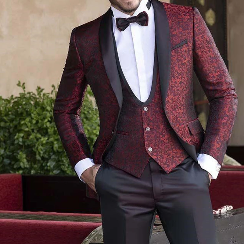 

Slimming Floral Men Suits for Wedding Prom 3 Piece Groom Tuxedos Male Fashion Clothes 2020 Set Jacket Vest with Black Pant