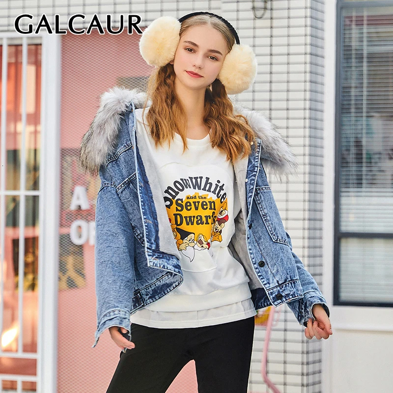 

GALCAUR Denim Jackets Female Patchwork Fur Lapel Collar Long Sleeve Back Bangade Women's Coats Warm Fashion 2019 Clothing