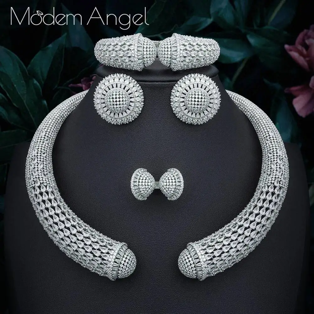 ModemAngel известный бренд диск Роскошные нигерийские Свадебные невесты кубического циркония ожерелье Дубай 4 шт. комплект ювелирных изделий