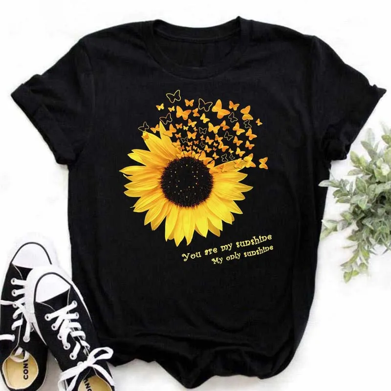 Maycaur Women's T-shirt Casual Kawaii Sunflower Butterfly Pattern Print Tshirt Comfortable Casual Women's Clothing Black Top cheap t shirts