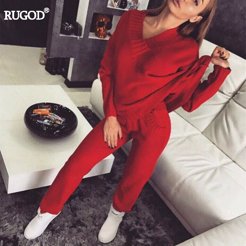 

Rugod Fashion solid 2 Two Piece sweater Sets Women Auturm winter Sexy V-neck Thick tops and long Pants Suits Vintage pants Set