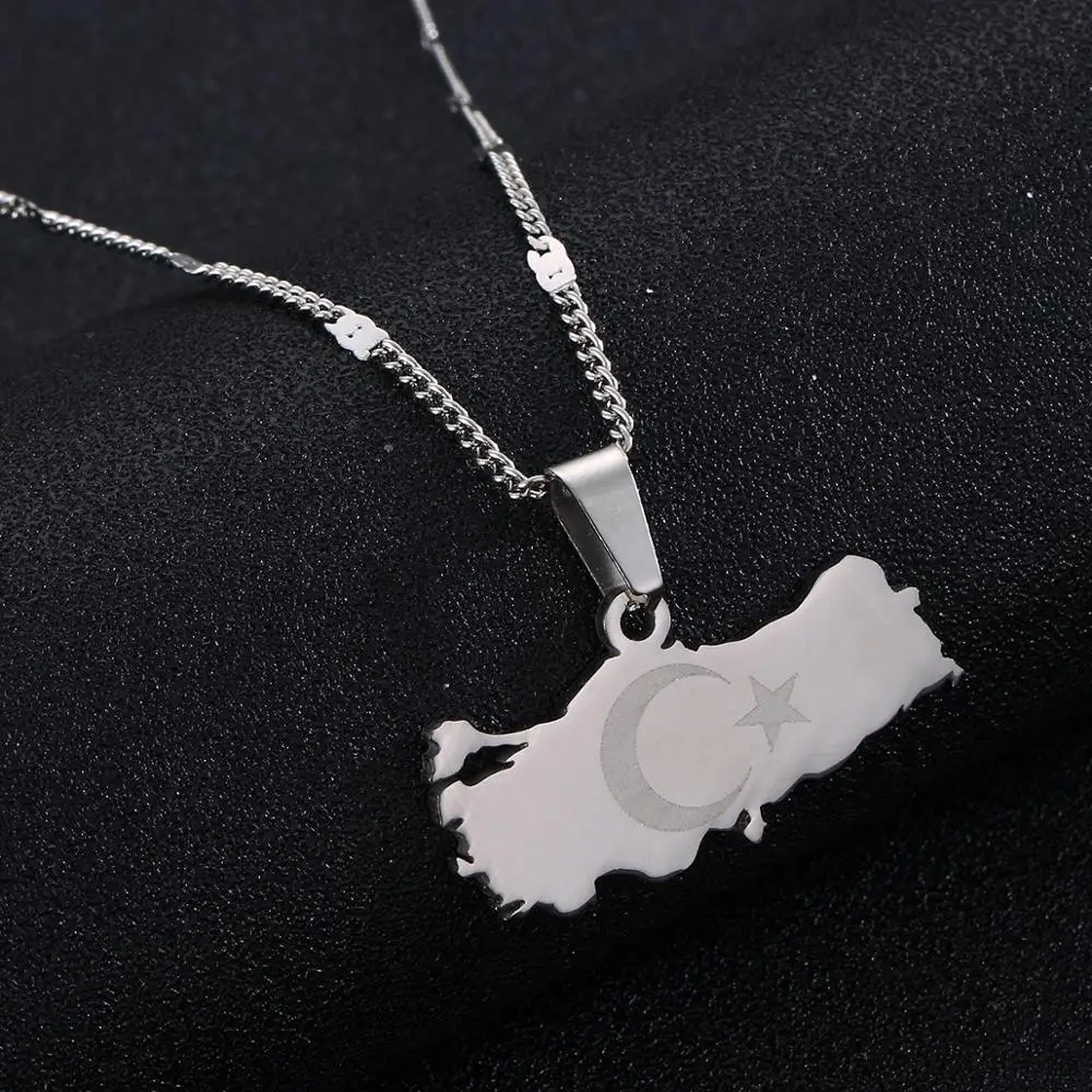Stainless Steel Turkey Map Pendant Necklace For Women Men Turks Patriotic Chain Jewelry Necklace Length 50Cm 