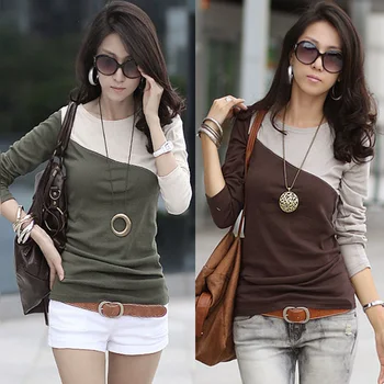 

Women Long Sleeve T shirt Autumn Winter Bottoming shirt Patchwork O Neck Tee Shirt Plus Size Loose Casual Female Tops Cheap