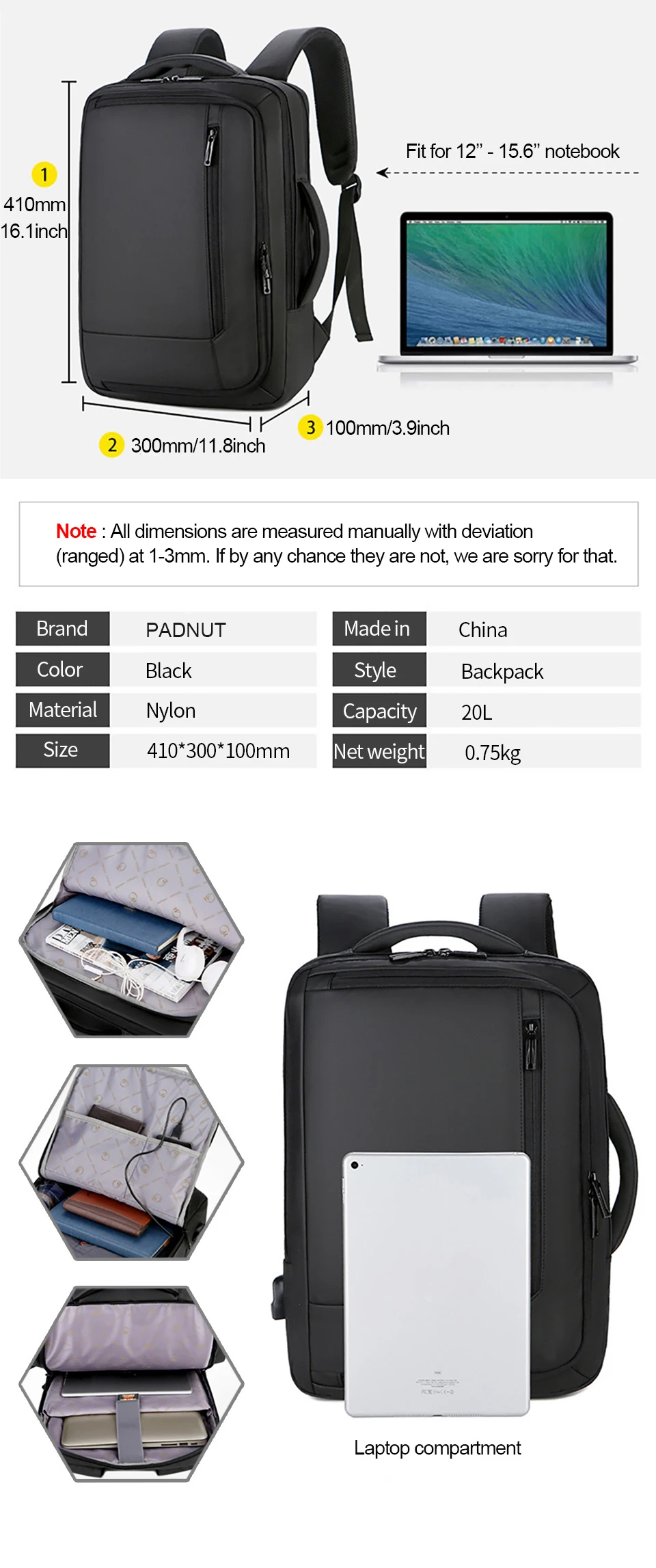 15.6 Inch Laptop Backpack Business Men Backpacks Male Notebook Waterproof Backpacking USB Charging Travel Bagpack OL Black Bags (3)