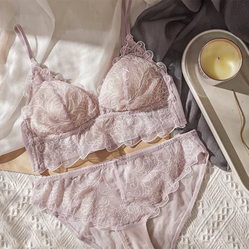 

Lace cute love flying sleeve triangle cup bralette naturally gathered side collection bra set wire free women lingerie and panty