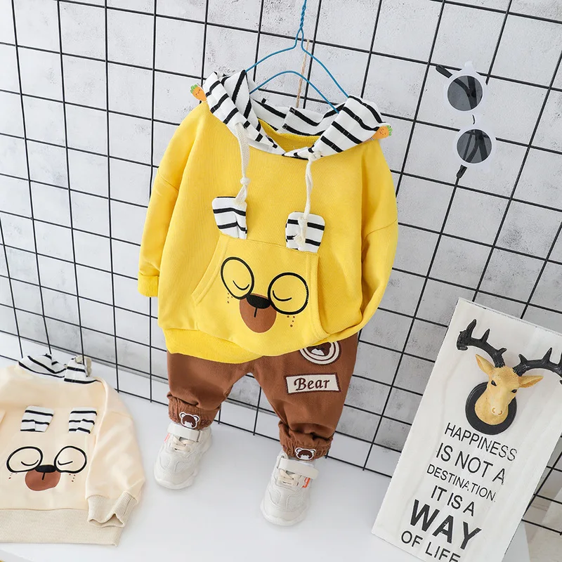 Осенний комплект одежды для маленьких мальчиков топы с капюшоном и рисунком медведя+ штаны, комплект для малышей из 2 предметов, брендовая повседневная одежда для новорожденных мальчиков, От 1 до 3 лет