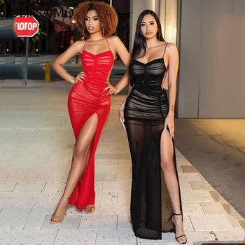 

JULISSA MO Black Mesh See Through Long Dress Women Sexy Backless Bodycon Summer Dress 2020 Female Split Night Party Vestidos