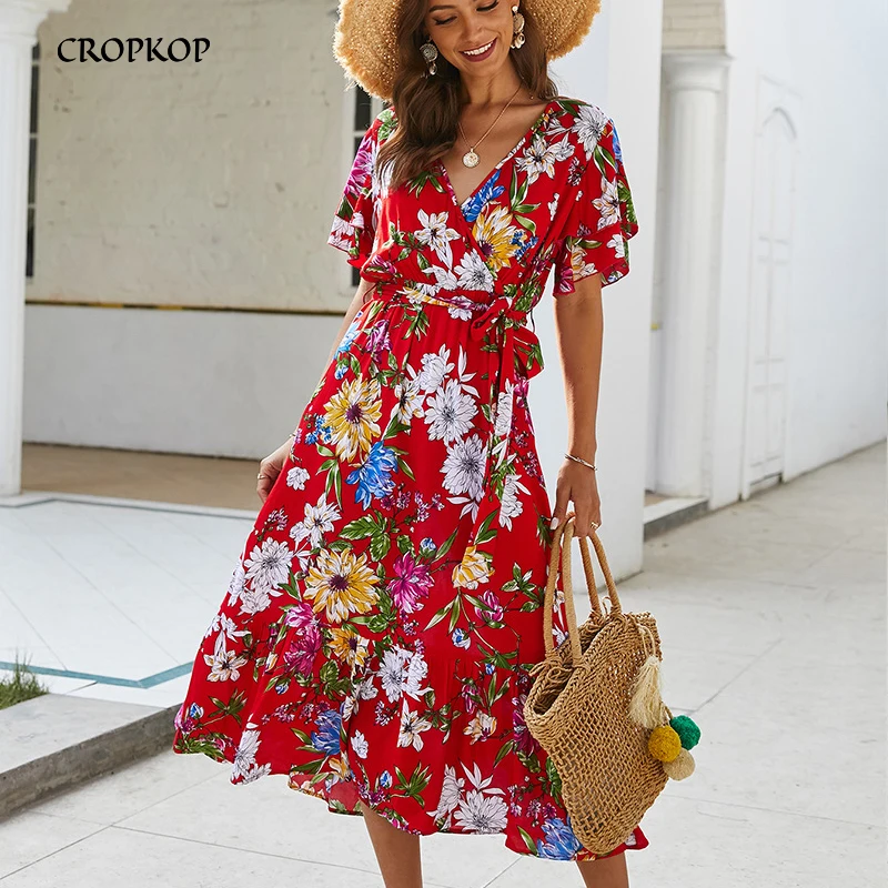 Boho Flower Print Summer Dress Ruffle V Neck Sashes Beach Long Ladies ...