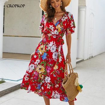 

Boho Flower Print Summer Dress Ruffle V Neck Sashes Beach Long Ladies Dresses Cotton Yellow Sundress Fashion Women Clothes 2020