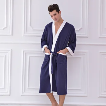 

Men Soft Kimono Bathrobe Casual Loose Sleepwear Robe Gown Lougne Nightwear Navy Blue Nightgown Waffle Home Clothes Negligee